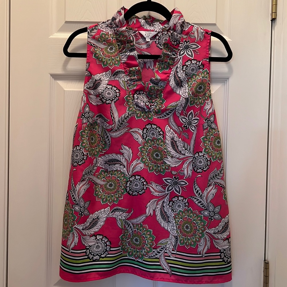 Crown & Ivy Curvy Hot Pink, Floral, Ruffled Top / Sleeveless Blouse